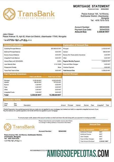 imprimível Modelo Word e PDF de declaração de hipoteca do Trans Bank da Mongólia